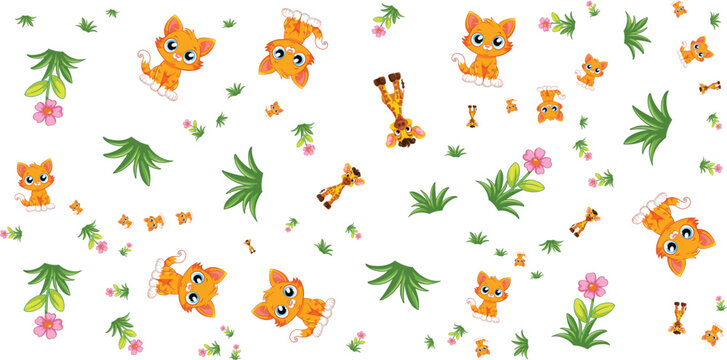 Seamless pattern with cartoon cats giraffes flowers and leaves on white background