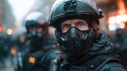Fototapeta premium A close-up of a masked individual in riot gear amidst a protest setting, portraying the intensity of public demonstrations and the confrontation between authority and citizens.