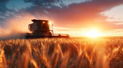 Fototapeta premium A combine harvester works diligently in a wheat field at sunset, capturing the beauty of agricultural life while highlighting the importance of farming and food production.