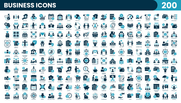 Massive 200 solid icons. Filled collection covering business structure, tax, loan, budget and income, human interaction, personal finance, business ethics, and business. Vector illustration.