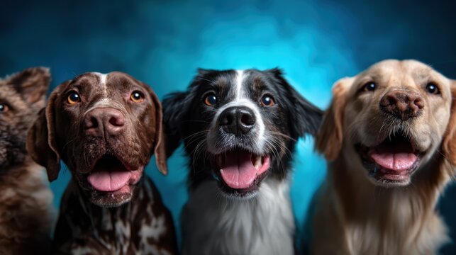 A heartwarming image depicting four cheerful dogs with joyful expressions, showcasing the bond of pets and the happiness they bring to our lives.