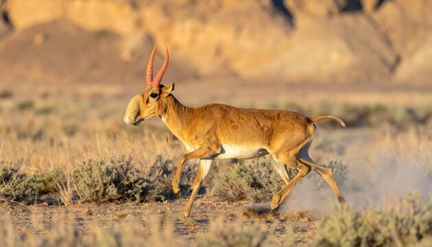 Graceful saiga antelope with distinctive bulbous nose and amber horns running across the arid steppe at sunset, displaying high speed movement in a cinematic horizontal widescreen composition.