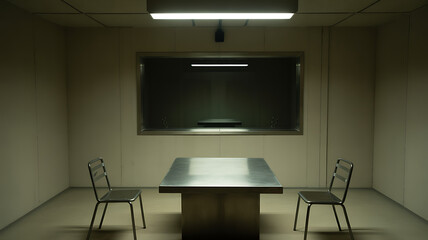 Fototapeta premium Empty Interrogation Room with One Way Mirror and Metal Table