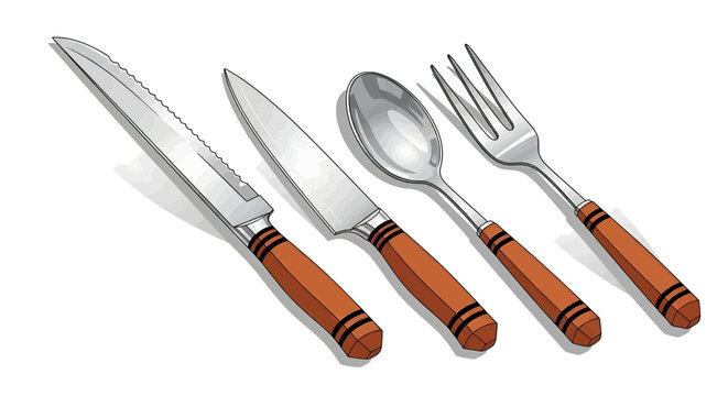Set of kitchen cutlery with wooden handles including a serrated steak knife, a paring knife, a spoon, and a fork