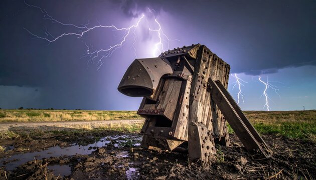 Ancient wooden battering ram with reinforced iron head and heavy metal bolts stands in a muddy field under a dramatic lightning storm. Widescreen cinematic landscape view of a medieval siege weapon.