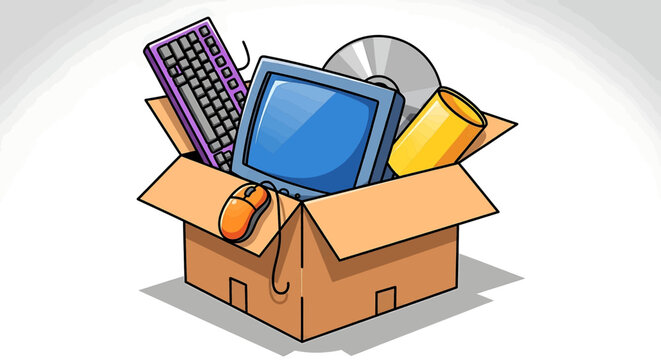 Illustration of an open cardboard box filled with old computer hardware and electronic waste including a monitor, keyboard, mouse, and cd