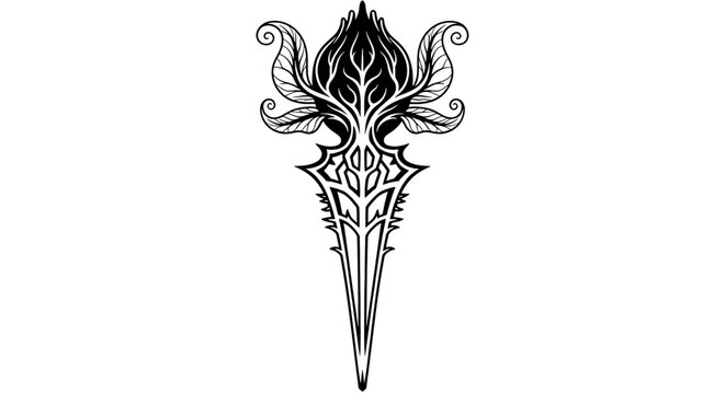 Abstract floral dagger symbol with intricate organic leaf patterns and sharp geometric blade design