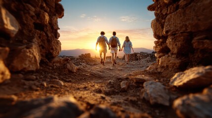 Fototapeta premium A group of friends walking hand in hand through ancient ruins as the sky glows with the colors of sunset, embodying friendship, adventure, and life’s beautiful moments.