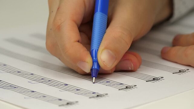 Close-up of child writing music notes on sheet, practicing composition and learning music theory. Concept of education, skill development and focused training. Hands write notes on sheet music.