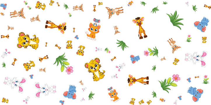 Animal pattern with cartoon creatures and foliage on white background