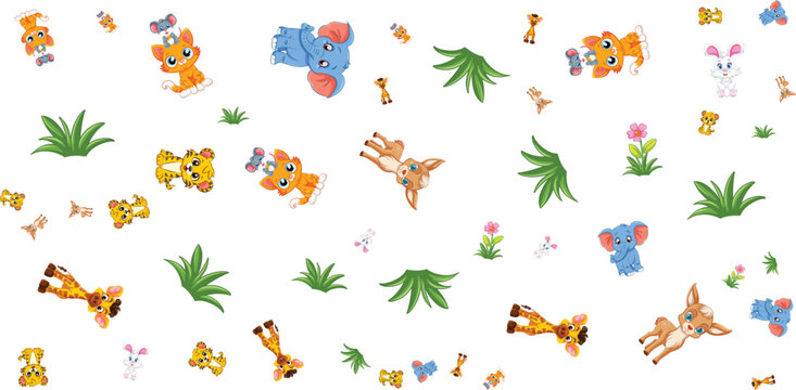 animal pattern with cartoon creatures and plants on white background