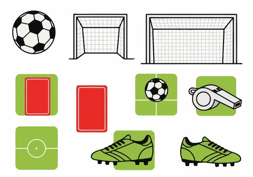 Collection of soccer themed items including ball, goals, cards, whistle, and cleats.