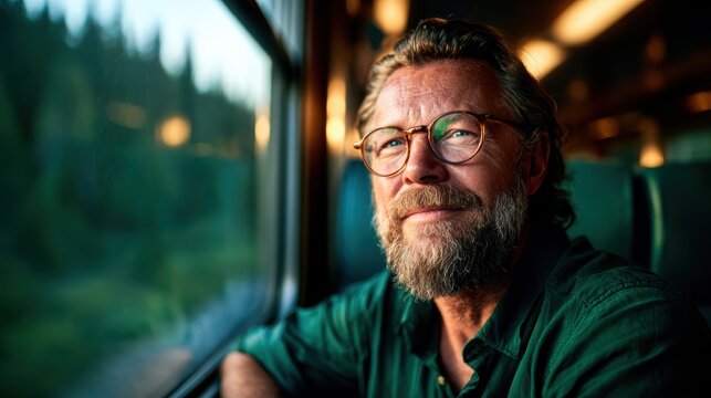 A bearded man gazes out a train window, reflecting on life while enjoying the picturesque views, symbolizing introspection and the journey of self-discovery.