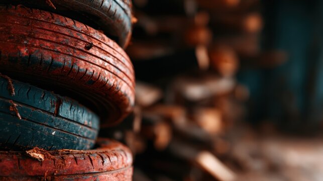 A close-up of stacked tires showcases the worn texture and vibrant colors, suggesting a story of use, neglect, and the impact of consumerism on our environment and resources.