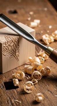 Wood carving tools, wooden block, woodworking chisel, craft tool