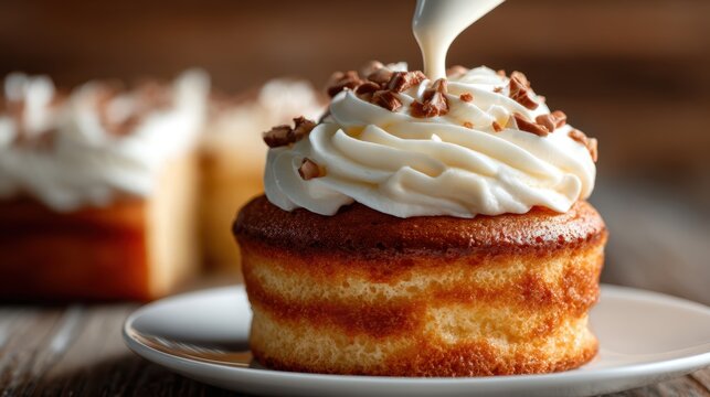 A delicious gourmet cupcake topped with luscious cream and crunchy toppings, set on a plate, inviting indulgence, creativity, and culinary delight that can tantalize any dessert lover.