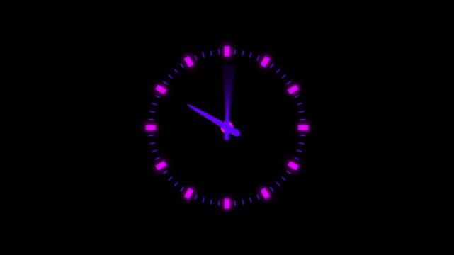 Abstract purple neon clock face with glowing markers and fast-spinning hands on a transparent background, perfect for time-lapse, countdown, or futuristic design projects with an alpha channel