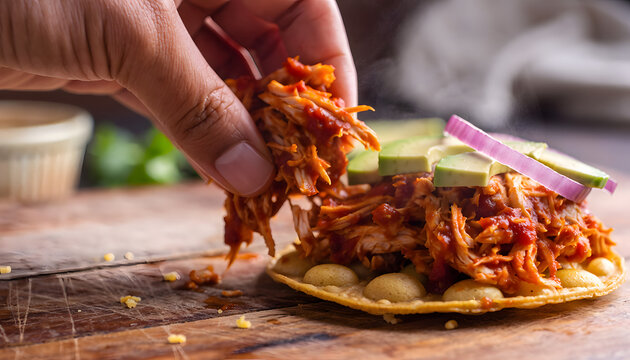 Layering Chicken Tinga Tostadas with Avocado and Onion Close-Up