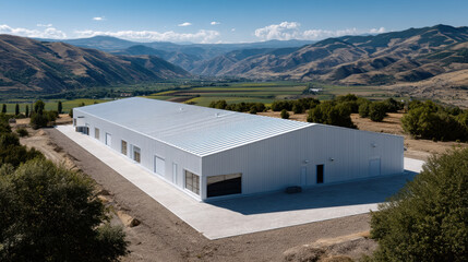 Obraz premium Large industrial building with metal roof, mountain landscape, blue sky, rural area, modern warehouse, spacious facility, sunny day