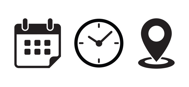 Calendar, clock, and location pin icons set. Time, date, and address flat icons collection