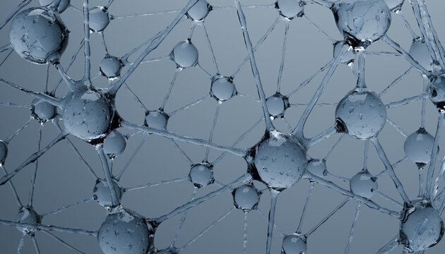 Network of interconnected spheres with water droplets creates futuristic and scientific appearance