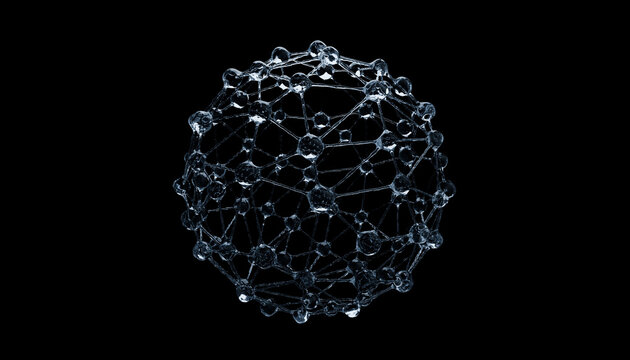 Complex molecular structure resembling spherical network on black background