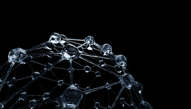Close up of transparent molecular structure against black background, showcasing intricate connections