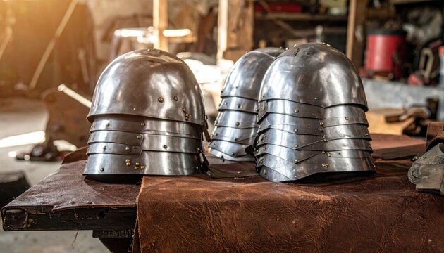 Polished steel medieval pauldrons with layered plates and brass rivets arranged neatly on leather in a blacksmith workshop, cinematic panoramic banner showcasing traditional armor craftsmanship.