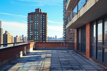 Obraz premium Large, empty terrace of a new york city apartment building overlooking the manhattan skyline on a bright, sunny day