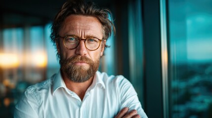 Fototapeta premium A contemplative man with a beard, dressed in formal attire, stands confidently with crossed arms against a backdrop of urban scenery, conveying strength and poise.