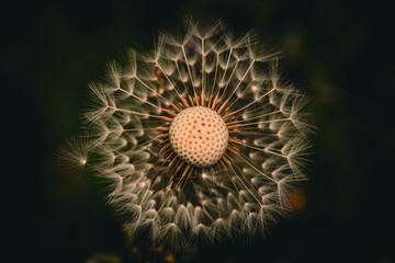     Dandelion seed head close-up     Detailed macro photograph of a dandelion seed head with one seed drifting away, captured against a dark blurred background. © susannemogensen