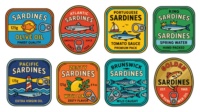 Vintage sardines cans labels set colorful retro vector food packaging design