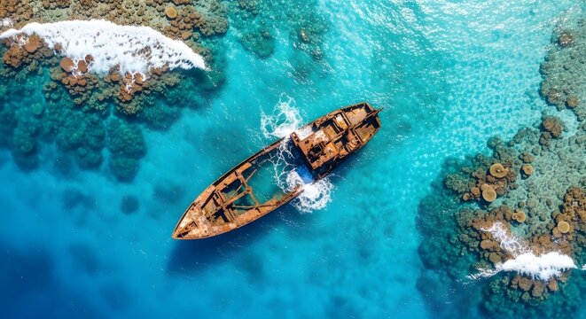 Aerial view of a rusty shipwreck on a coral reef in clear blue water. History and maritime disaster concept. Sunken metal vessel surrounded by marine life and turquoise ocean waves