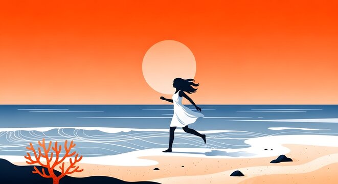 Illustration of a woman running along a beach at sunset. Wellness and active lifestyle concept. Silhouette of a female figure jogging on the sand with waves and a coral branch