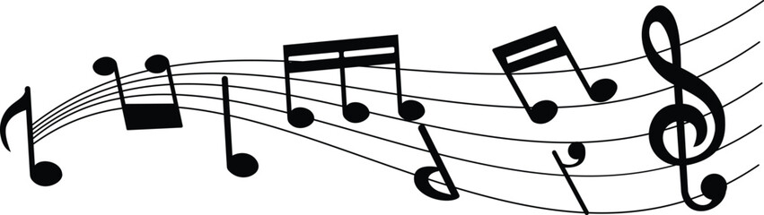 Black flat line style musical notes vector icon set, collection and group of melody notation symbols, treble clef and rhythm isolated on transparent background design pack © Muhammad