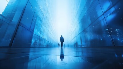 Fototapeta premium Man walking with dog down futuristic blue corridor with reflections