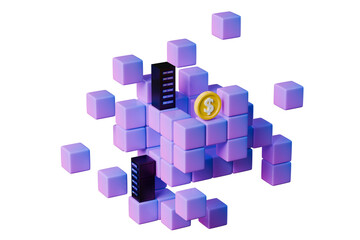 Obraz premium 3d blockchain hosting server icon. big data monetization concept. minimal cartoon purple data cubes with server racks and gold dollar coin. isolated on white transparent background. 3d render.