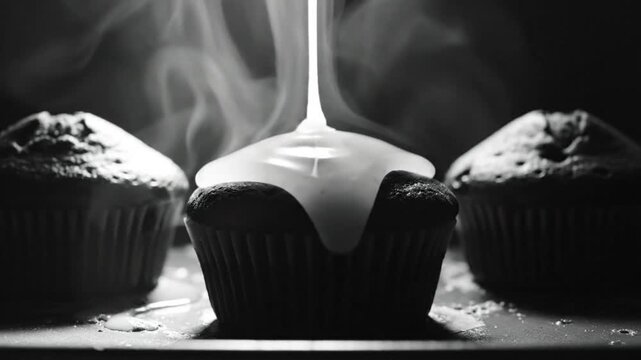 Black and White Close Up of Freshly Baked Chocolate Cupcakes with White Glaze Being Poured on Top