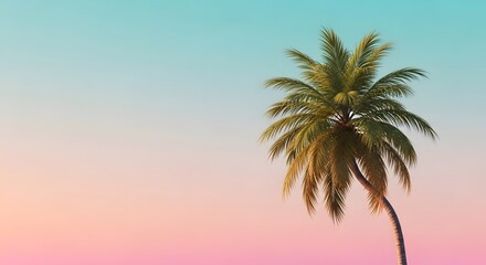 Obraz premium Single palm tree against a soft pink and turquoise gradient sky. Tropical paradise and summer mood. Palm fronds silhouetted against a colorful pastel dawn sky with copy space