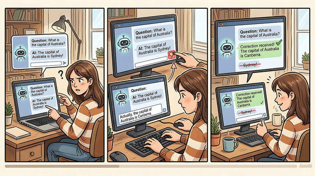 Comic style AI wrong answer human correction thumbs down to corrected green checkmark