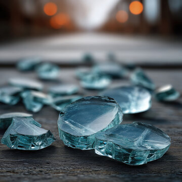 Shattered glass pieces scattered on wooden surface, sharp edges reflecting light, urban background, dramatic evening mood