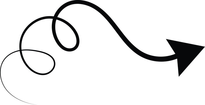 Black arrow, curved arrow, swirly arrow, directional symbol, vector graphic