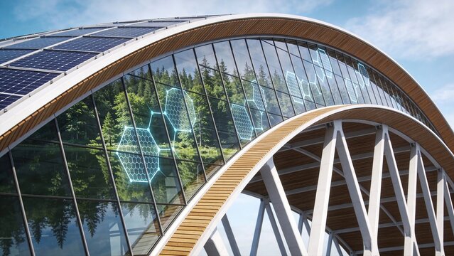 Modern sustainable building with curvilinear smart glass facade