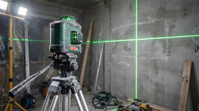 Precision green laser level on a stable tripod projects bright lines for accurate construction and renovation work