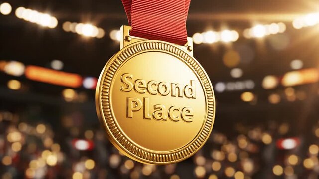 Close up of a gold medal with red ribbon at a sporting event