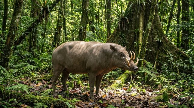 A rare babirusa wild pig stands in a lush tropical rainforest, displaying its unique long curved tusks and smooth grey skin in a cinematic widescreen composition of the Indonesian jungle.