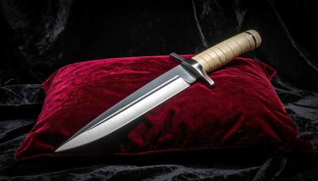 Exquisite handcrafted forged steel dagger with a sharp double edged blade and ivory hilt resting on a red velvet pillow, set against a dark cinematic background with elegant dramatic lighting.