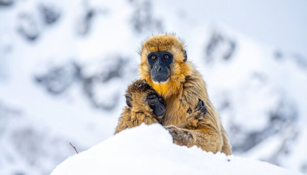 Two golden snub nosed monkeys huddle together for warmth in a snowy landscape, showcasing their vibrant orange fur and blue faces in this stunning cinematic wildlife scene in winter.