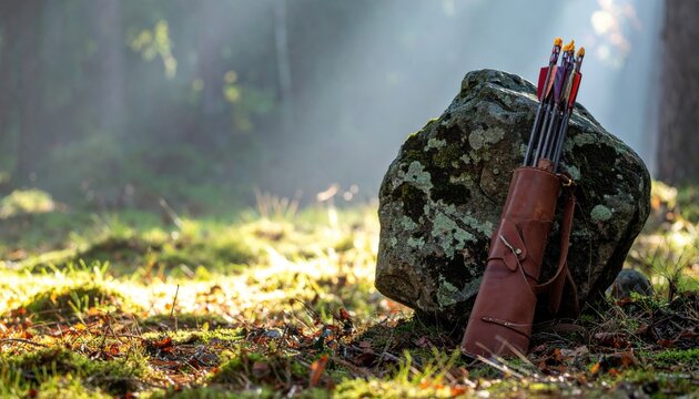 A sturdy handcrafted leather quiver filled with traditional arrows rests against a mossy boulder in a misty sunlit forest, capturing a cinematic and atmospheric archery scene in nature.
