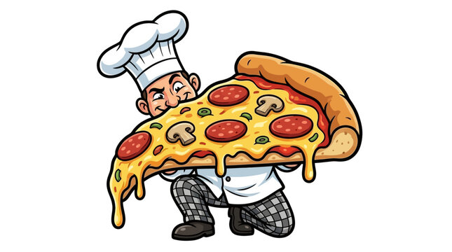 A cheerful chef holding an enormous, cheesy pizza slice, ready to serve up a delightful culinary experience